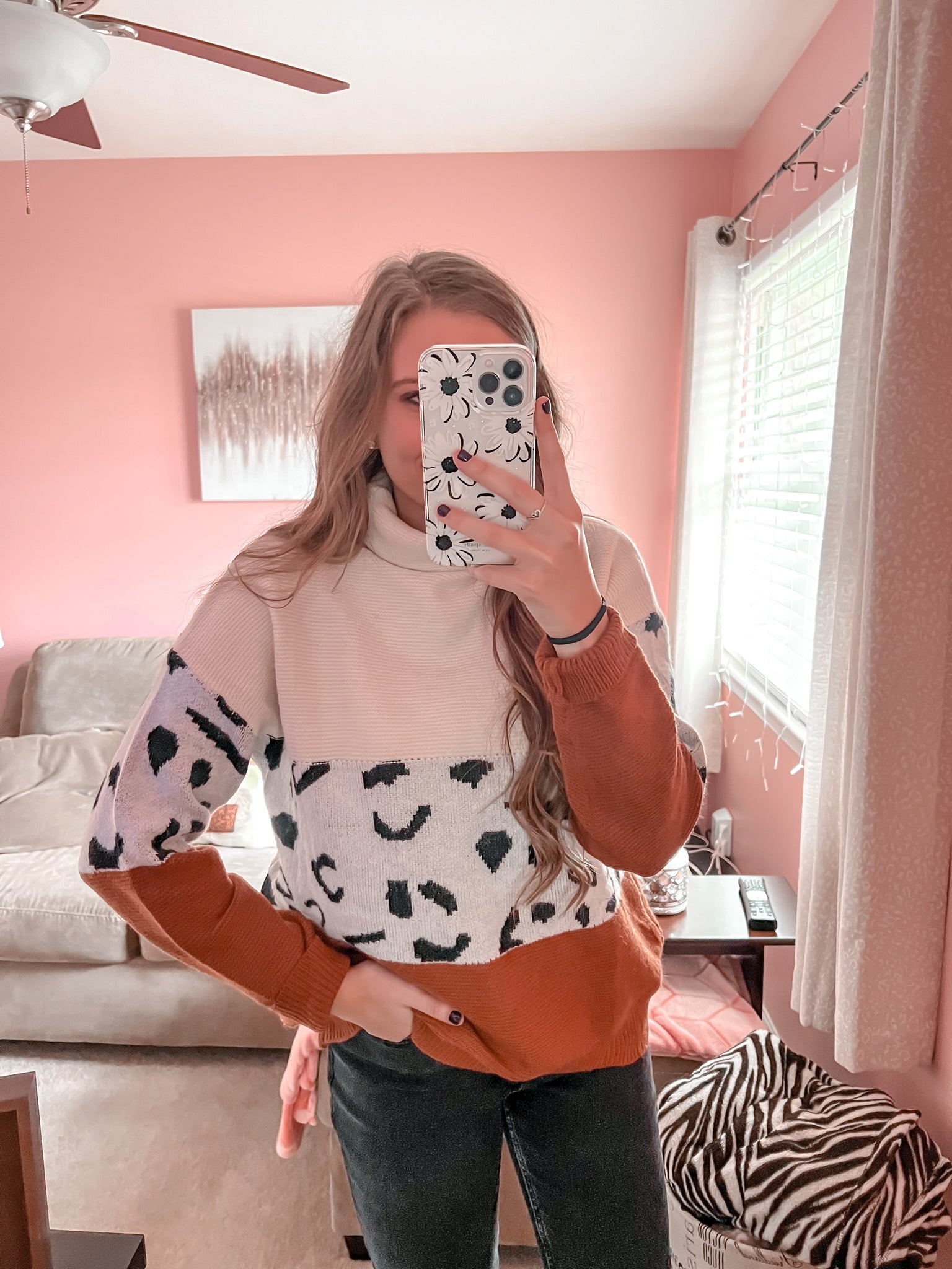 spot on leopard colorblock turtleneck sweater