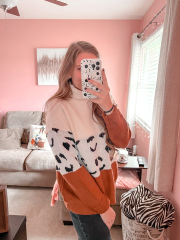 spot on leopard colorblock turtleneck sweater